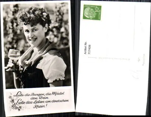 717408 Foto AK Frau mit Weinglas Wein Spruch Liebe das Leben am deutschen Rhein