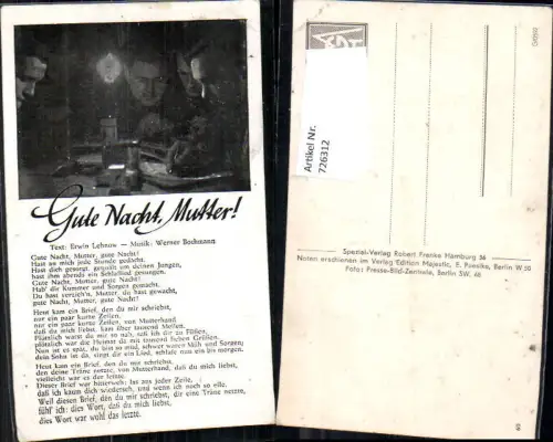 726312 Liedkarte Erwin Lehnow Werner Bochmann Gute Nacht Mutter Text