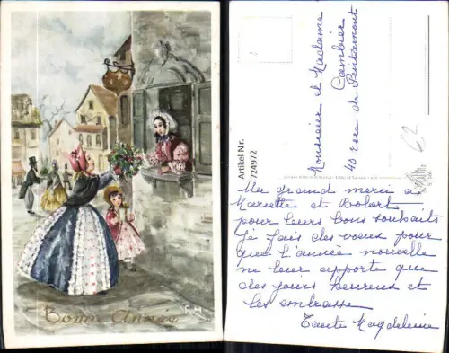 724972 Künstler AK F. M. Neujahr Frau mit Blumen am Fenster Bonne Annee