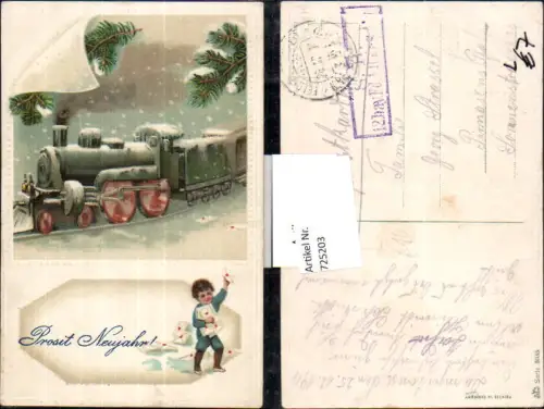 725203 tolle Präge Lithographie Zug Lokomotive Neujahr Kind Zweige Feldpost Pirmasens