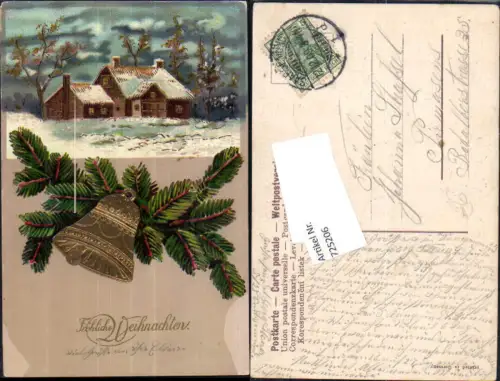 725206 Präge Lithographie Weihnachten Glocke Haus Zweige Tannenzweige