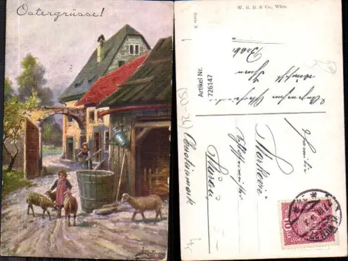 726147 Künstler AK L. Schweiger Ostern Kind Lämmer auf Hof Tiere