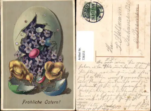 726151 Ostern Küken Eierschalen Vergissmeinnicht Blumen Glitzerverzierung