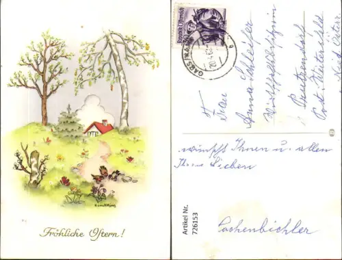 726153 Künstler AK M. von Klitzing Ostern Haus Landschaft Vögel