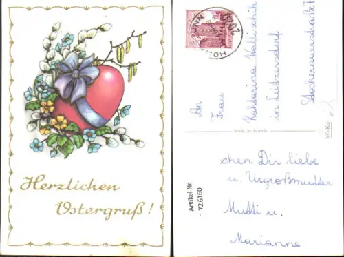 726160 Ostern Rotes Ei mit Schleife Blütenzweig Blumen