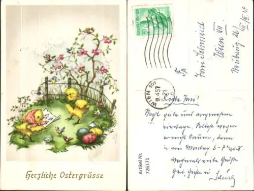 726171 Ostern Küken vermenschlicht Singen Bunte Eier Blumen