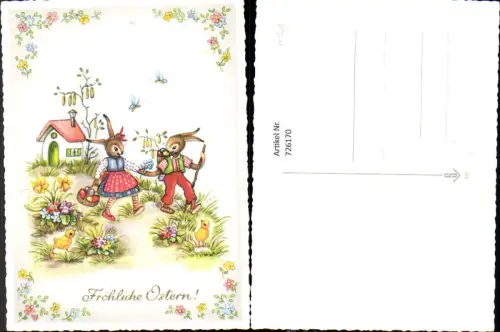 726170 Ostern Hasen vermenschlicht Korb mit Eier Haus Küken Blumen