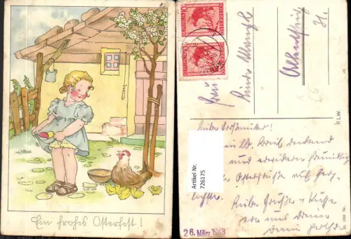 726175 Künstler AK Ostern Mädchen mit Huhn Küken Eier vor Haus Hof