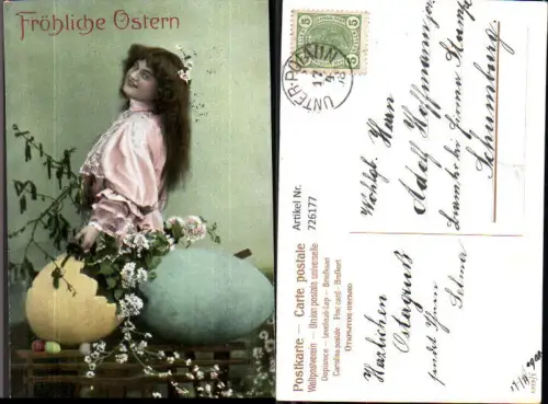 726177 Ostern Frau Blumen im langen Haar mit Osterei Blütenzweig