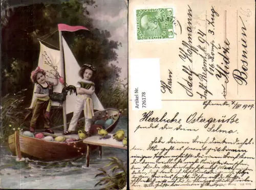 726178 Ostern Kinder auf Segelboot Küken Hahn Huhn Bunte Eier