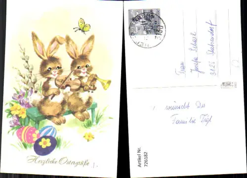 726182 Ostern Hasen musizieren Bunte Eier Blumen Schmetterling