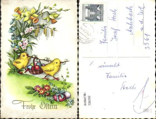 726192 Ostern Küken mit Korb Bunte Eier Blumen Narzissen