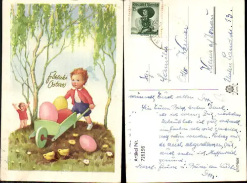 726196 Ostern Kinder mit Scheibtruhe Bunte Eier Birken