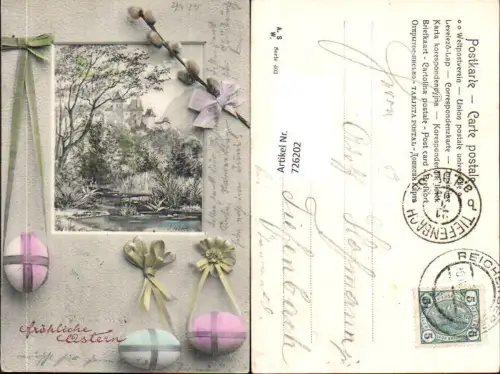 726202 Künstler AK J. Hörr Ostern Burg Schloss Landschaft Eier auf Schleife Palmkätzchen