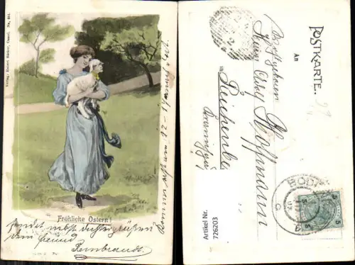726203 Künstler Litho Ostern Frau mit Lamm Landschaft Präge Passepartout