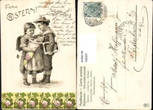 726207 Präge Litho Ostern Kinder mit Schultüte Schreibtafel Schultasche Kleeblätter