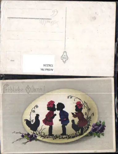 726224 Künstler AK Silhouette Kinder Kuss Hühner Hahn Ostern Ei Blumen