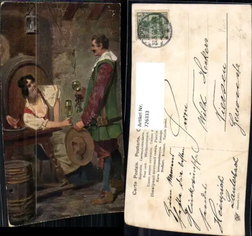 726333 Künstler AK Frau Mann mit Weinglas Wein Fass Gaststube