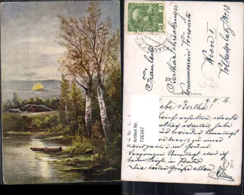 726347 Künstler AK Ruderboot am Seeufer Landschaft b. Mondschein