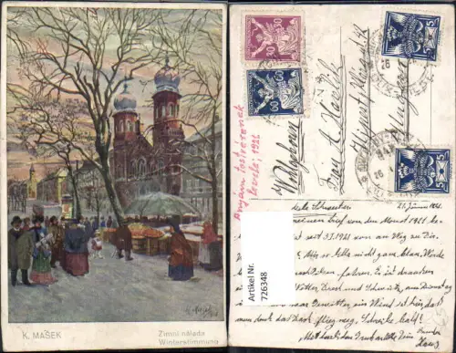 726348 Künstler AK K. Masek Winterstimmung Markt Kirche