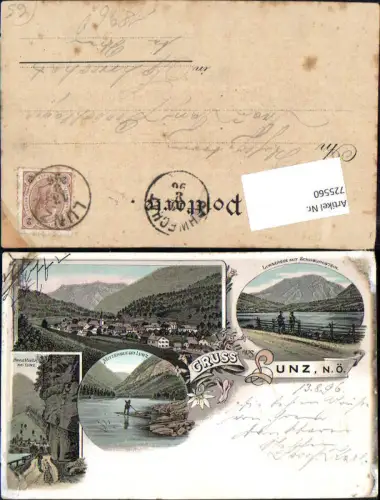 725560 tolle Vorläufer Lithographie Gruss aus Lunz am See Lunzersee Mittersee Hohle Mauer 1896