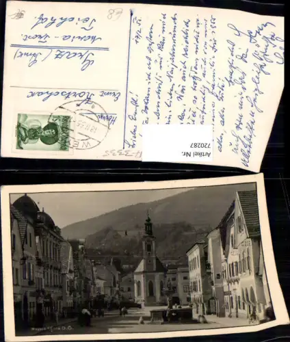 720287 Foto AK Weyer a. d. Enns Hautplatz m. Kirche Brunnen 1955