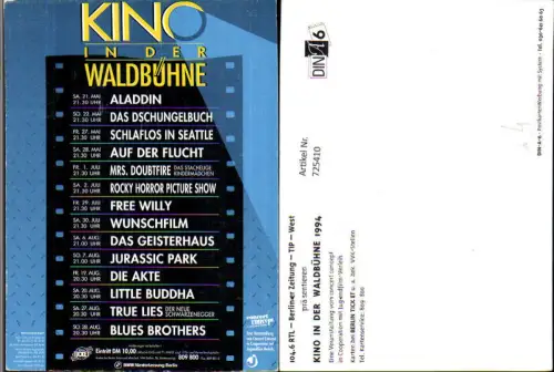725410 Film Reklame Kino der Waldbühne Berlin Aladdin Auf der Flucht Das Geisterhaus Die Akte