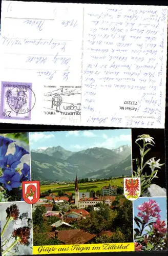 717237 Mehrbild AK Fügen im Zillertal Ansicht mit Kirche Alpenflora Enzian Edelweiß