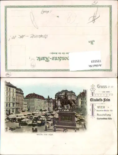 725553 Lithographie Wien Gruss aus d. Elisbeth-Heim Ausstellung Gartenbau Säle Am Hof