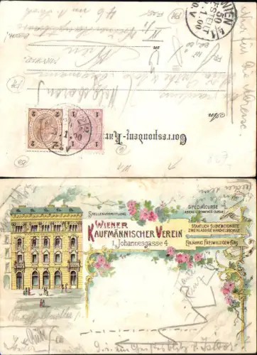 725613 seltene Lithographie Wien Wiener Kaufmännischer Verein Reklame AK 1900 Mischfrankatur