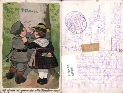 599335,Künstler AK P.O. Engelhard Kinder Kindersoldat Uniform Baumrinde Herz