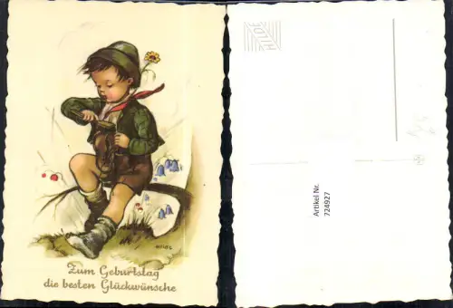 724927 Künstler AK Hilde Geburtstag Bub Junge beim Schuhputzen Blumen