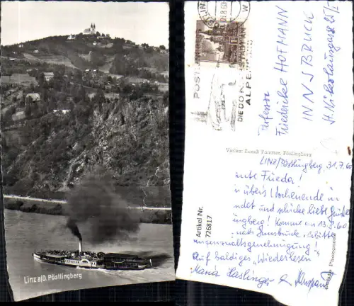 726817 Foto AK Linz a. d. Donau Schiff Binnenschiff Babenberg vor Pöstlingberg Kirche