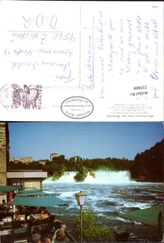 727409 Rheinfall Neuhausen am Rheinfall Wasserfall Terrasse u. Boot im Vordergrund