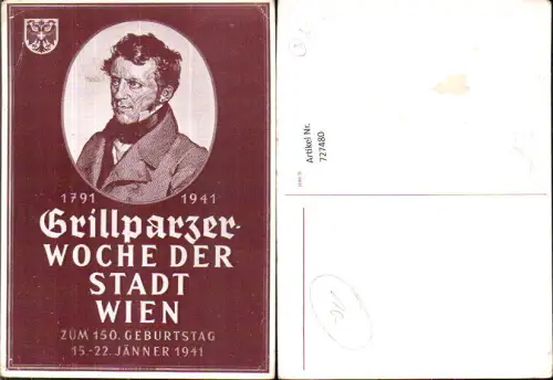 727480 Karte Grillparzer Dichter Schriftsteller Grillparzer-Woche der Stadt Wien 1941