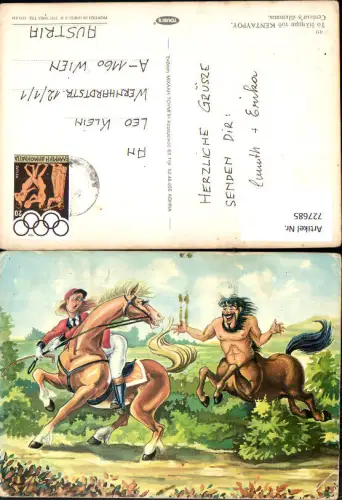 727685 Künstler AK Centaur s dilemma Frau a. Pferd Reiten Tiere Fabelwesen Humor