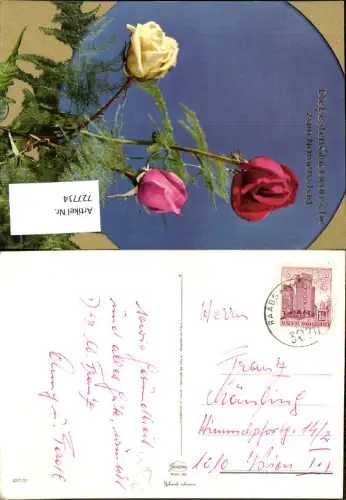 727714 Stempel 3820 Raabs a. d. Thaya Namenstag Glückwunsch Rote Gelbe Rosen Blumen