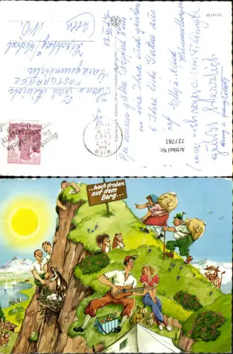727781 Künstler AK Hoch droben auf dem Berg Humor Bergsteigen