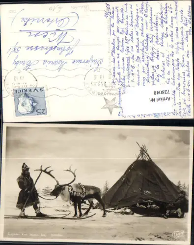 728048 Lapono kun boaco kaj tendo Tracht Rentier Zelt Volkstypen Sweden
