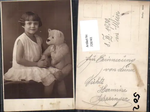 728741 Foto-AK Mädchen Teddy Teddybär Kleid Kunstatelier J. Weitzmann Wien