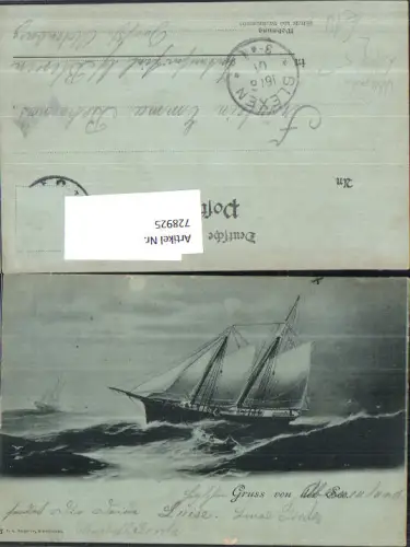 728925 Mond Lithographie Gruss von der See Segelschiff Schiff Blexen Stp. Sturm Meer Wellen