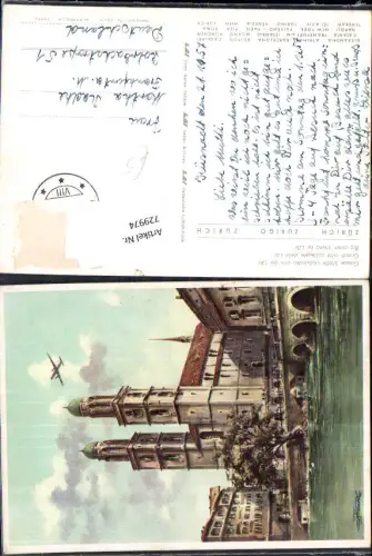 729974 Künstler AK Zürich Grossmünster Reklame LAI Airlines Italien Airlines