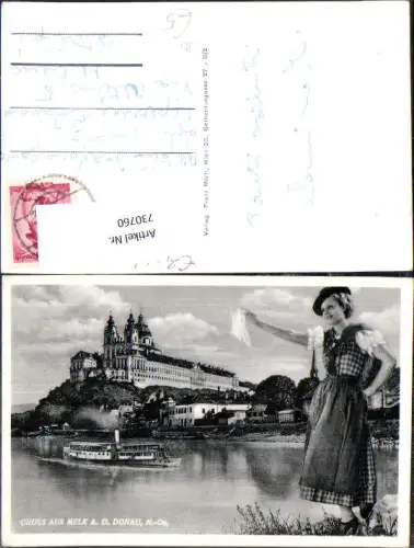 730760 Gruss aus Melk an der Donau Dampfer Tracht Frau winkt