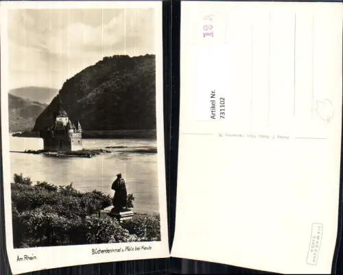 731102 Foto AK Am Rhein Blücherdenkmal u. Pfalz bei Kaub
