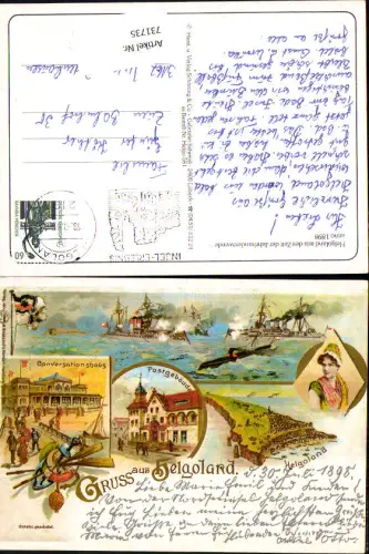 731735 Litho Repro Helgoland Conversationshaus Postgebäude Tracht 1898