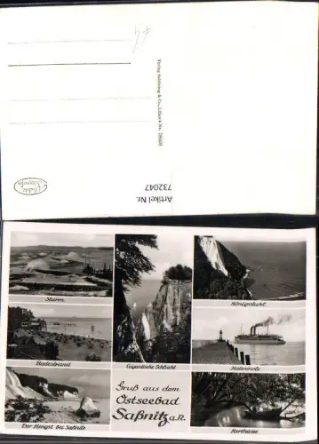 732047 Mehrbild Foto AK Ostseebad Saßnitz auf Rügen Sturm Badestrand Hafenmole Schiff Dampfer Herthasee