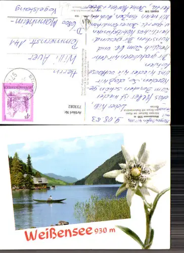 733082 Präge AK Weißensee Am Ortsee mit Dolomitenblick Ruderboot Gemeinde Weißensee Edelweißblüte Edelweiß