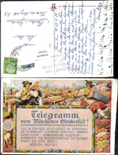 733292 Künstler AK E. Anslinger Telegramm Münchner Oktoberfest Bier Ziehharmonika München