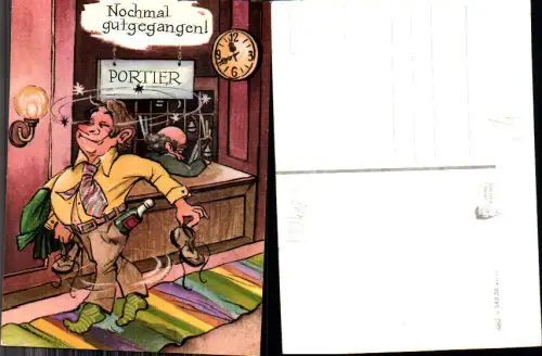 733418 Scherz Humor Scherzkarte Alkohol Betrunkener Portier Uhr Wein