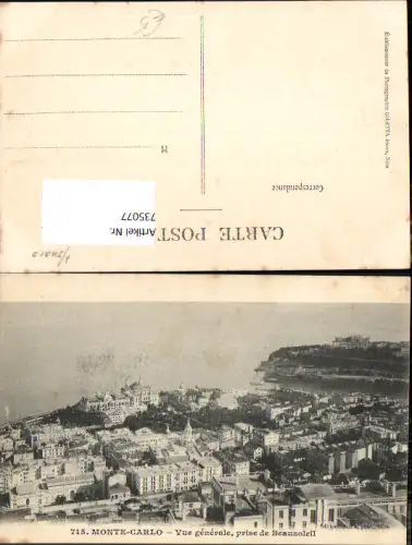 735077 Monaco Monte-Carlo Vue generale prise de Beausoleil